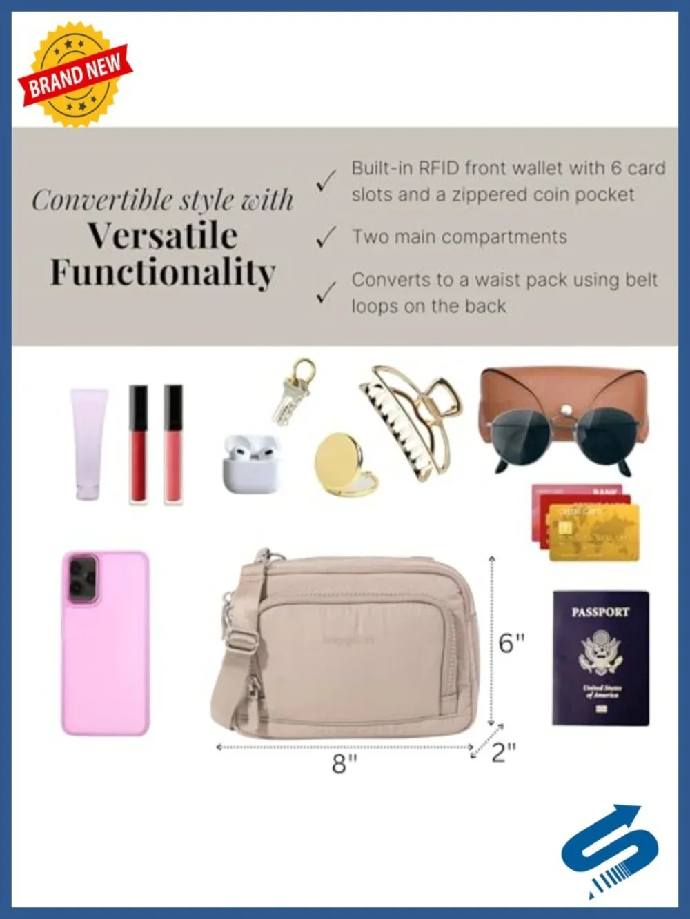 Baggallini Triple Zip RFID Crossbody Wallet Convertible Belt Bag